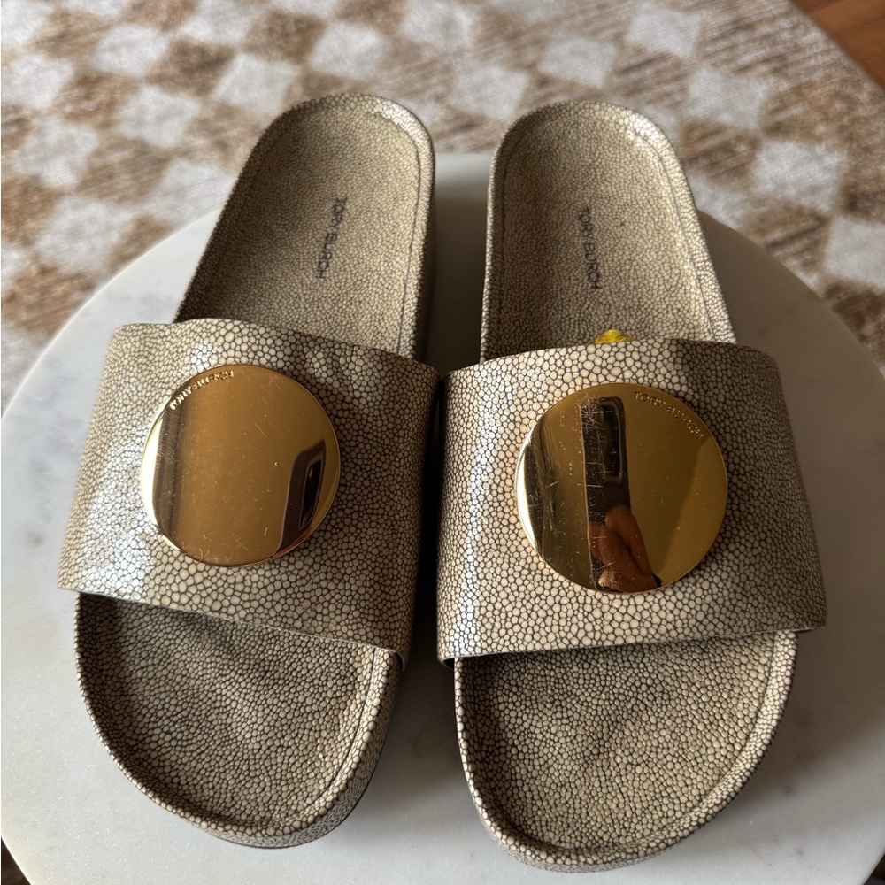 Tory Burch Patos slide  Gold and Tan Slide Sandals